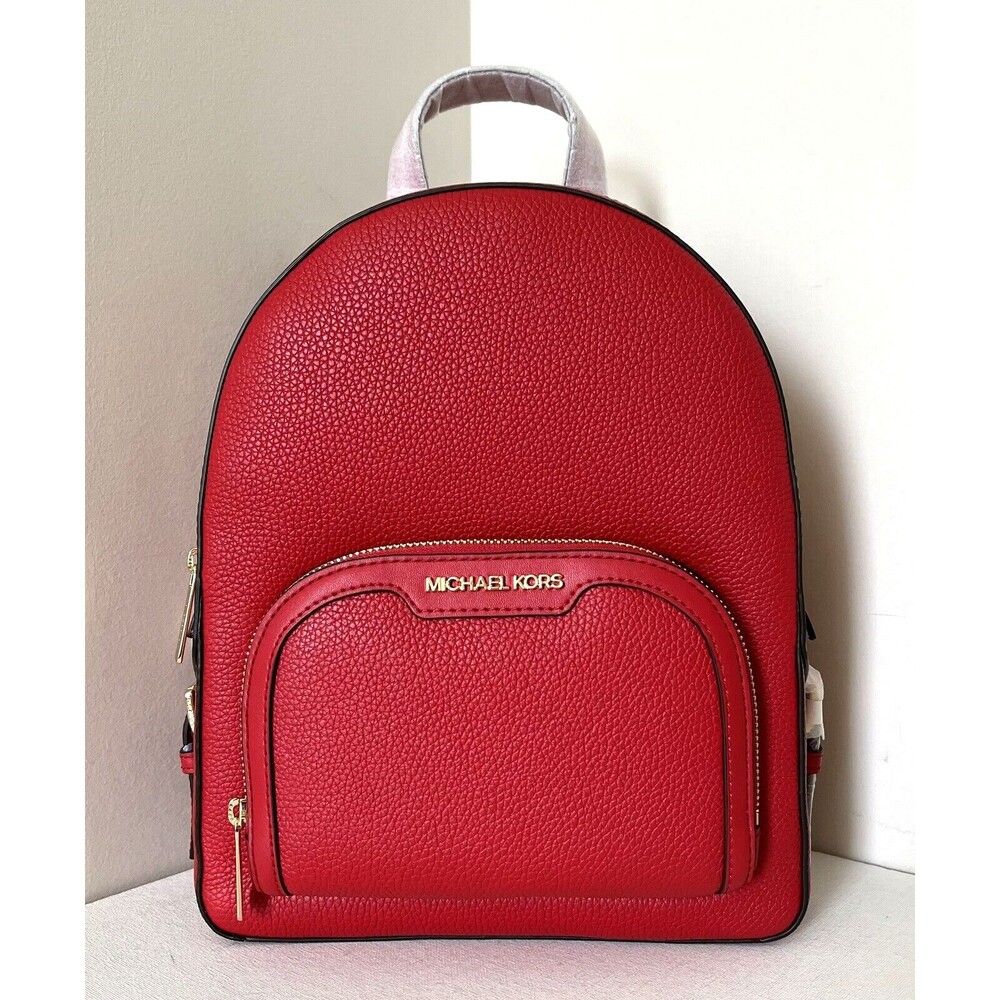 New Michael Kors Jaycee Medium Zip Pocket Backpack Leather Bright Red